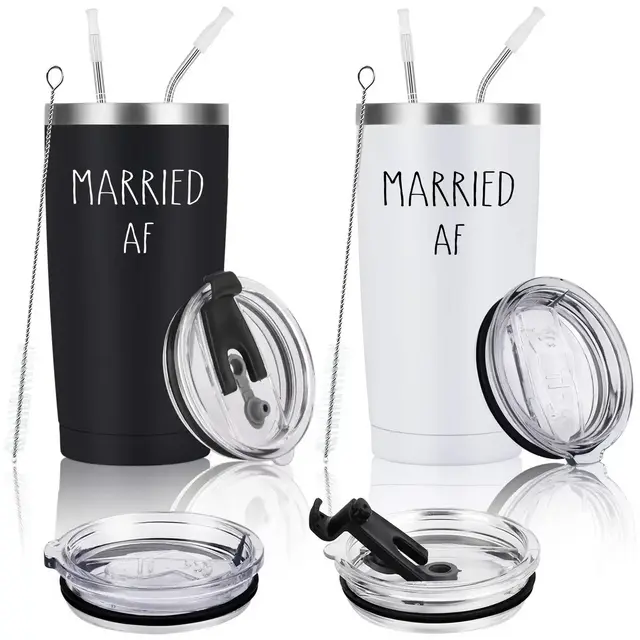 Lifecapido Married AF Travel Tumbler Set of 2, Engagement Wedding Anniversary Ideas for Couples Newlyweds Bride, 20 Oz Stainless Steel Insulated Travel Tumbler with Straws and Lids, Black and White