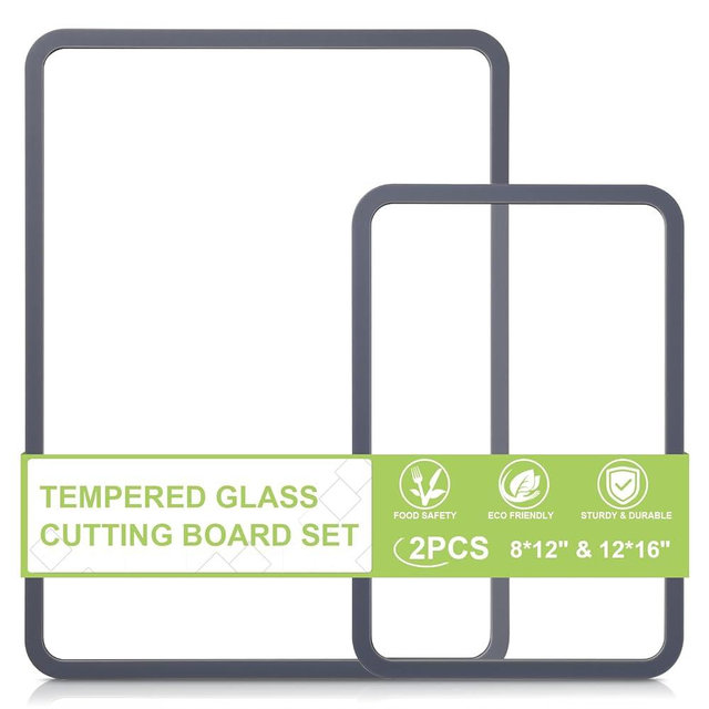 Tempered Glass Cutting Board 8x12" and 12x16", GUGEMEI Glass Chopping Board for Kitchen Counter, Non-Slip Rubber Ring, Dishwasher Safe