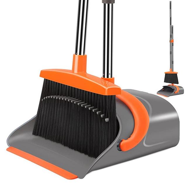 Broom and Dustpan Set, Broom and Dustpan Set for Home, Broom Dustpan Set, Broom and Dustpan Combo for Office, Long Handle Broom with Upright Standing Dustpan (Gray&Orange)