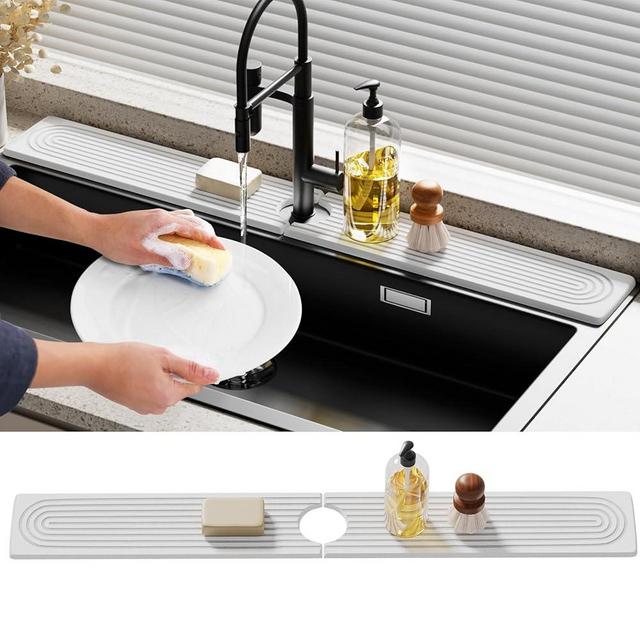 Slow Slog Sink Splash Guard - 30" Absorbent Stone Sink Tray for Kitchen and Bathroom Faucets - Durable Diatomite Mud Faucet Mat for Countertops - White