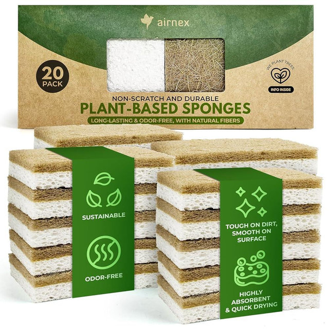 AIRNEX Natural Kitchen Sponges Pack of 20 - Biodegradable Cellulose and Coconut Husk Walnut Scrubbers - Odor Free Non Scratch - Eco Friendly Quick Drying Dishwashing Sponges