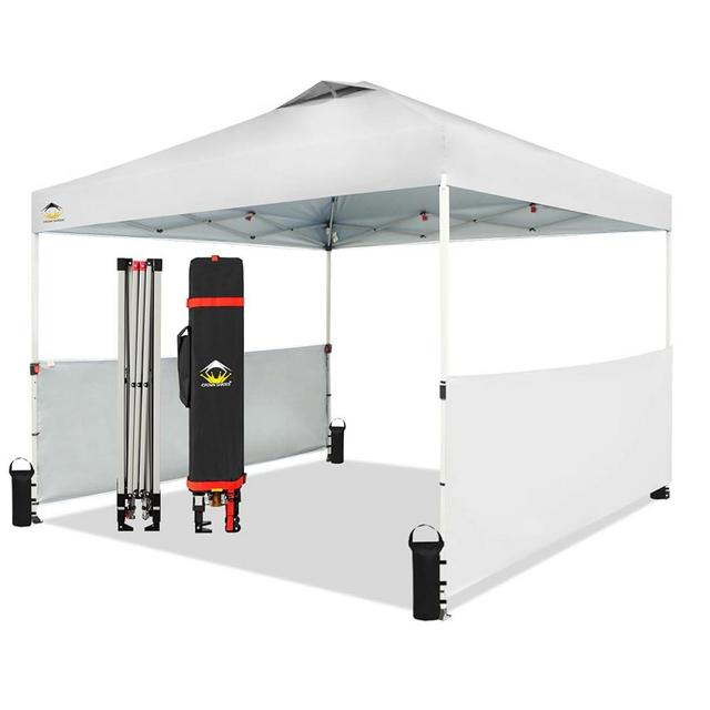 CROWN SHADES 10x10 Pop up Canopy Tent Instant Canopy with 150D Silver Coated Fabric Including 2 Half Sidewalls, 4 Ropes, 8 Stakes, 4 Weight Bags, STO 'N Go Bag, White