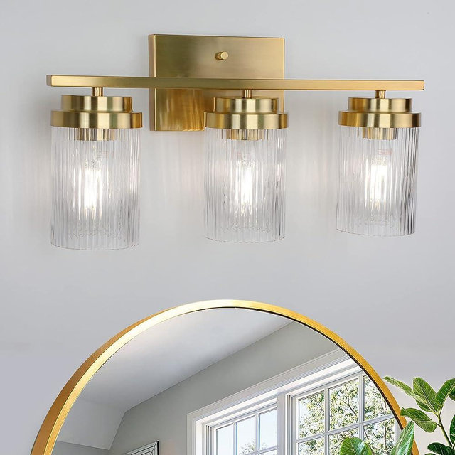 Gold Bathroom Light Fixtures: 3 Light Bathroom Vanity Light with Grooved Glass Shade | Vanity Lights for Bathroom | Vanity Lighting Fixtures Wall Mount | Brushed Gold Bathroom Lights Over Mirror
