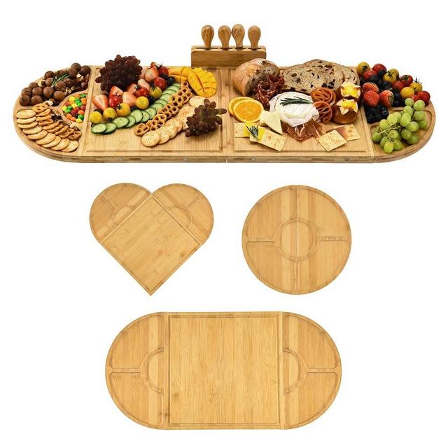 GLOKUUCA Bamboo Charcuterie Boards and Knife Set, 4 in 1 Long & Round Magnetic Extra Large Cheese Platter - Gifts for House Warming New Home, Bridal Shower, Wedding