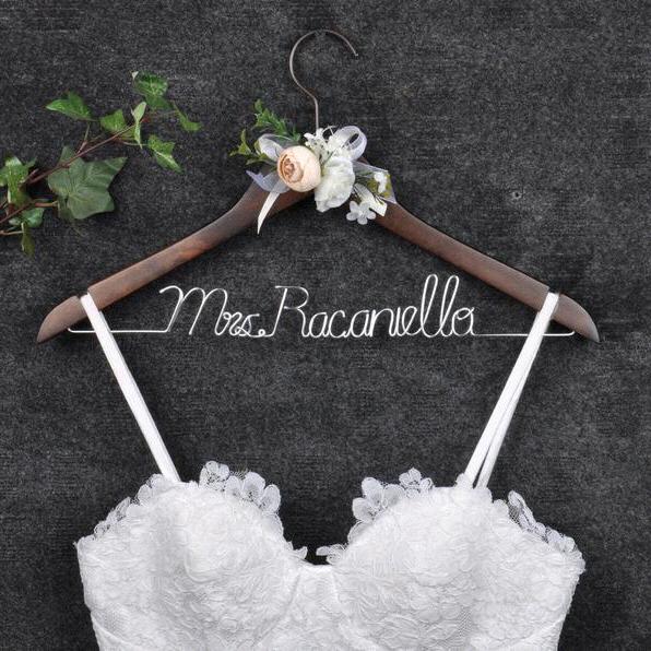Custom Bridal Hanger - Brown with Silver Bow & Pink Flower