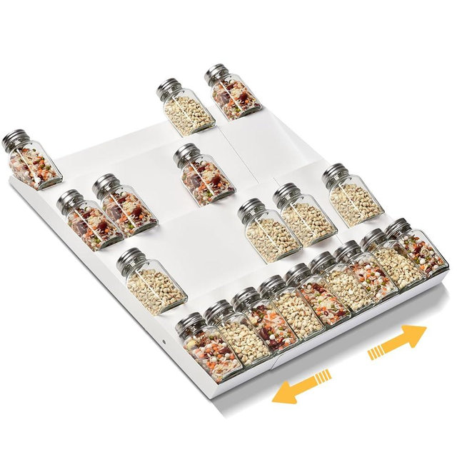 GOENDR Metal Spice Drawer Organizer, 4-Tier Spice Rack for Cabinet, Expandable Seasoning Organizer Fits 11.4-22.8” Drawer, Holds up to 48 Spice Jars (Not Included), White