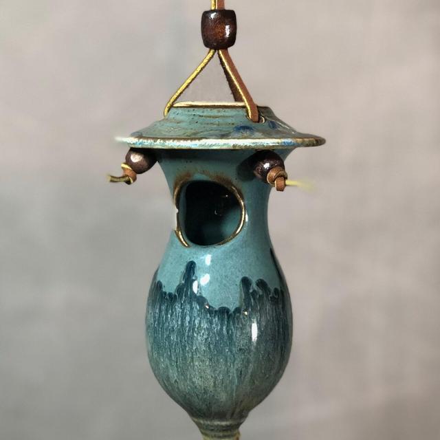 Hand Thrown Stoneware Pottery Mini Bird House Volcano Blue hummingbird finch