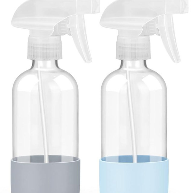 Worldgsb 2 Pack Glass Spray Bottles 8 oz, Empty Refillable Containers with Silicone Sleeve Protection, Glass Spray Bottles for Cleaning Solutions, Hair and Plants with Adjustable Nozzles Blue&Grey