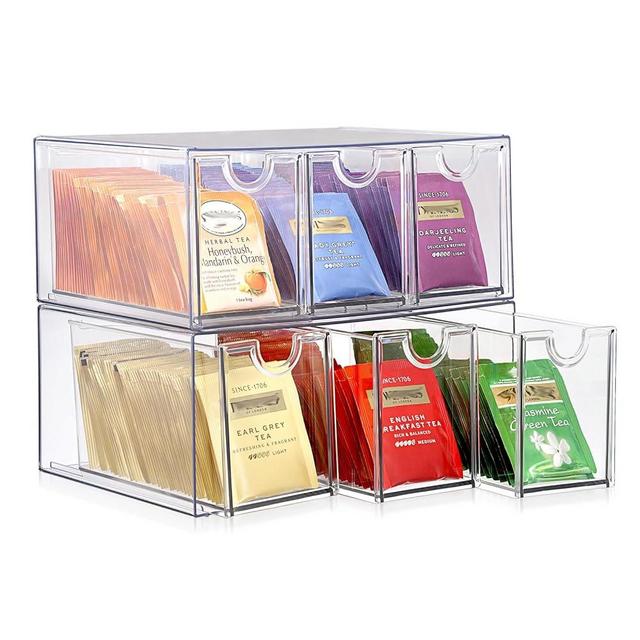 ELLDOO 6 Drawers Tea Bag Organizer Box, Acrylic Stackable Tea Bag Storage Holder for Kitchen Pantry, Clear Coffee Pod Snack Storage Box for Countertop Cabinet