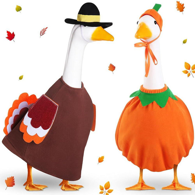 Silicherry 2 Set Thanksgiving Day Goose Outfit Lawn Porch Cloths Plastic Goose Clothing Fall Halloween Outfit for 23" Outdoor Patio Yard Lawn Art Decoration