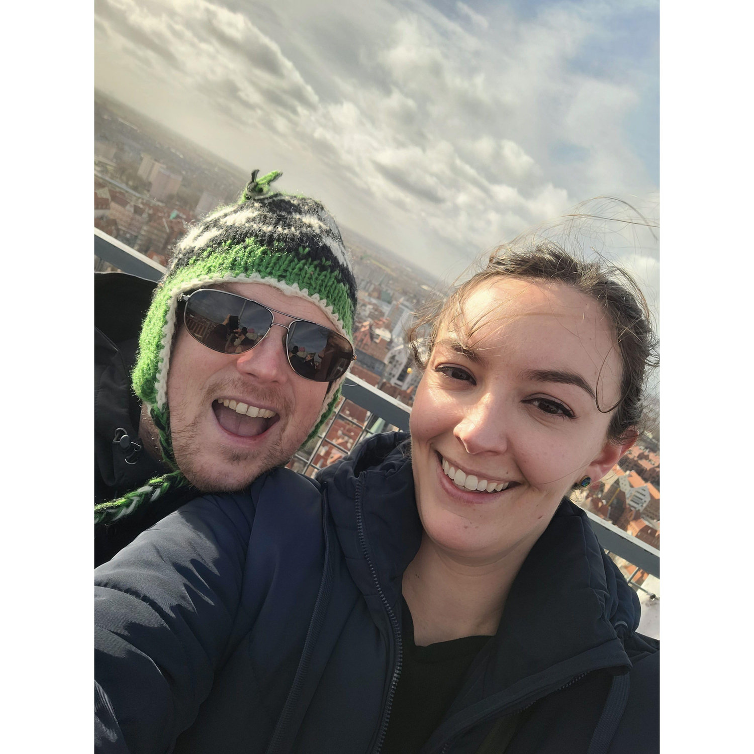 At the top of a church tower in Gdansk, Poland in what felt like hurricane force winds.