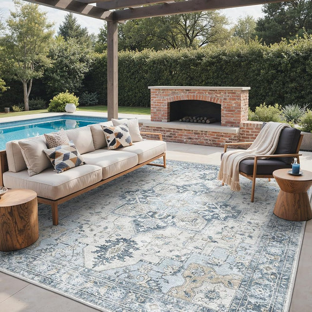 GENIMO Indoor & Outdoor Area Rug 8'x10', Waterproof, Non-Shedding, Easy Cleaning, Boho Mat for Patio, Living Room, Balcony, Dining Room, RV, Deck, Bedroom, Camping, Outside Carpet, Blue