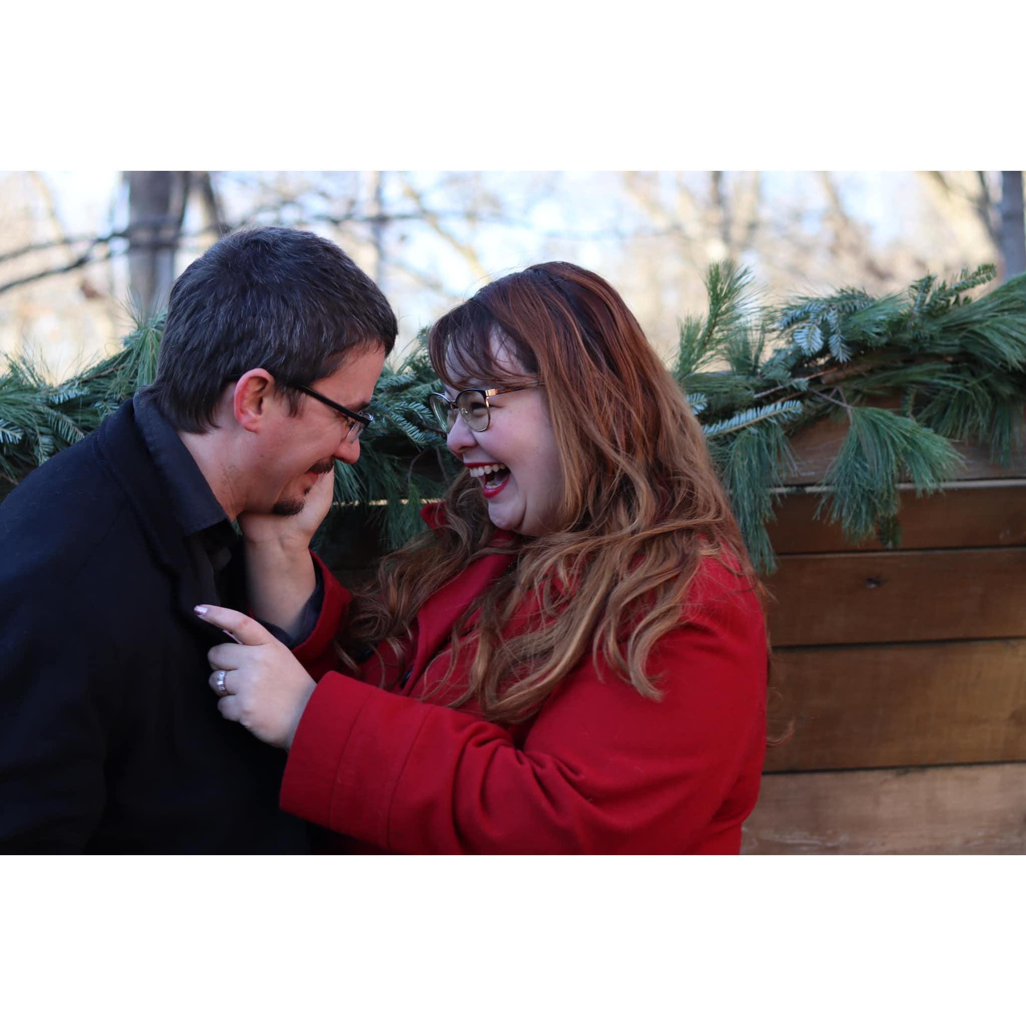 Our photographer, Kristin, had just instructed us to kiss, and my (Kara) makeup had come off on Joey's mouth.  He asked me, "Am I pretty?" - Clearly I found that hilarious.