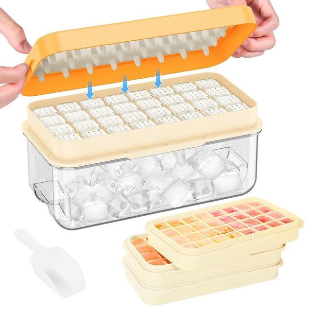 PHINOX Ice Cube Tray with Lid and Bin, 3 Pack Plastic Ice Cube Tray Molds, 96(4 * 8 * 3) pcs Ice Trays for freezer, Chilling Drinks, Whiskey & Cocktails, with Ice Container and Ice Scoop, BPA-Free