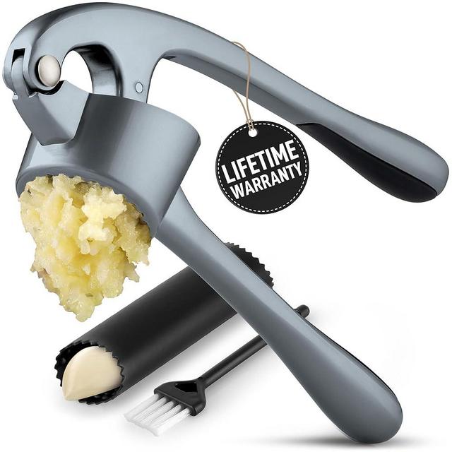 Zulay Kitchen Large Premium Garlic Press Set - Bigger Bowl for Bigger Garlic - Rust Proof & Dishwasher Safe Garlic Mincer Tool - Easy-Squeeze, Easy-Clean Silicone Garlic Peeler & Brush (Slate)