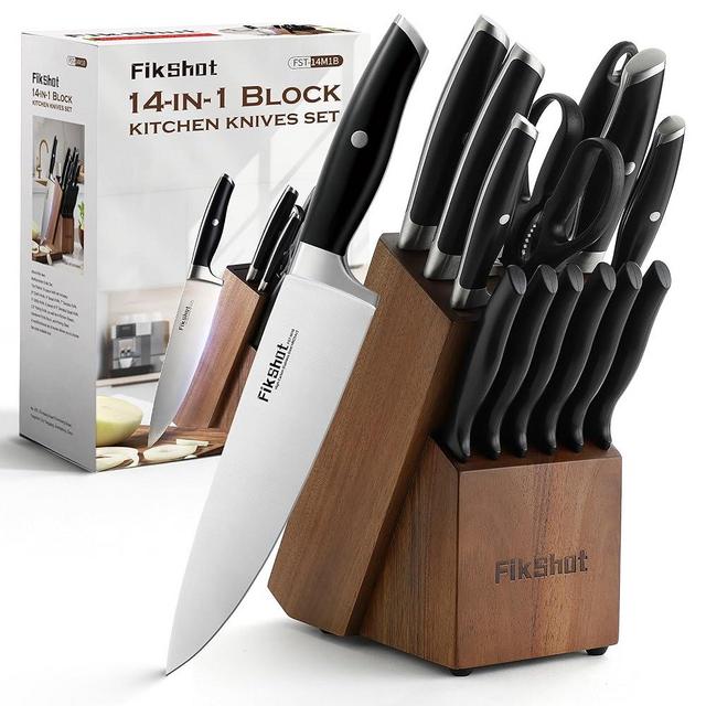 FIKSHOT Kitchen Knife Block Set Dishwasher Safe Full Tang High Carbon Stainless Steel Sharp Blade Professional Chef's Knife for Home Cooking Dishwasher Safe and Presents for Women (BLACK)
