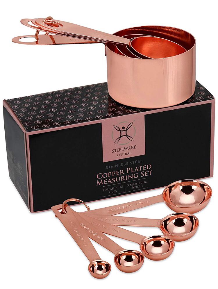 Copper Measuring Cups & Spoons 9pc set by Steelware Central | Stainless Steel Copper Plated | Rose Gold | Engraved Markings| Stack-able nesting baking/cooking kitchen tool |Perfect Gift