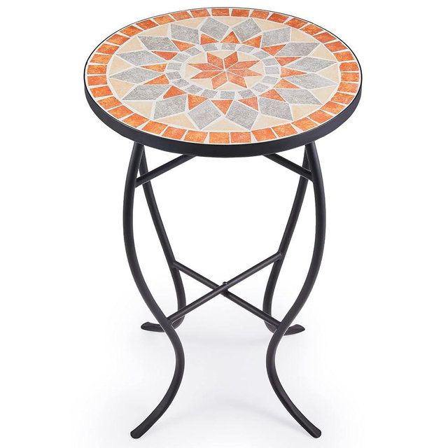 VONLUCE Mosaic Side Table and Plant Stand, 21" Round End Table with 14" Ceramic Tile Top, Indoor and Outdoor Accent Table, Porch Patio Furniture, Entryway & Coffee Table for Home & Garden, Quilt Star