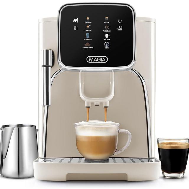 Zulay Kitchen Magia Clasica Automatic Espresso Machine with Built-In Grinder, Touch Panel Coffee Maker, Steam Wand Milk Frother, Adjustable Strength, Self-Cleaning, Cream & Silver (13" x 17.7" x 9.4")