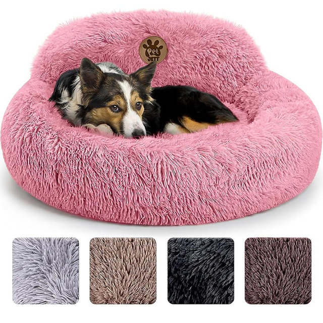 PetJett Calming Medium Dog Bed - 30'' Round Dog Beds, Anti-Slip & Washable Super Soft Fluffy Plush Donut Bed, Anti-Anxiety Premium Comfort Pet Bed, Fits Dogs up to 45 lbs - Pink