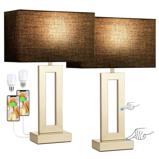 Nightstand Table Lamps for Bedrooms Set of 2 - Touch Bedside Lamp with USB C+A, 3 Way Dimmable Living Room Lamps for End Tables Set of 2(Black&Gold)