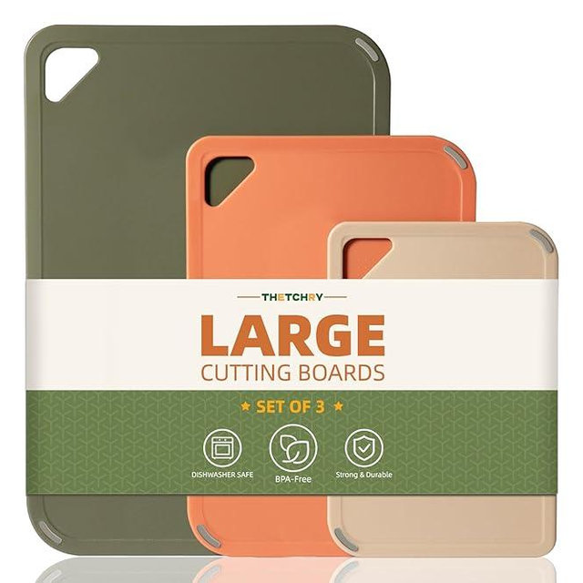 THETCHRY Plastic Cutting Board Set,Cutting Boards for Kitchen BPA Free, Large-Small Chopping Boards Set of 3 Non-Slip for Cooking Camping Dishwasher Safe, Reversible, with Grip Handle, 15"×10"×0.6"