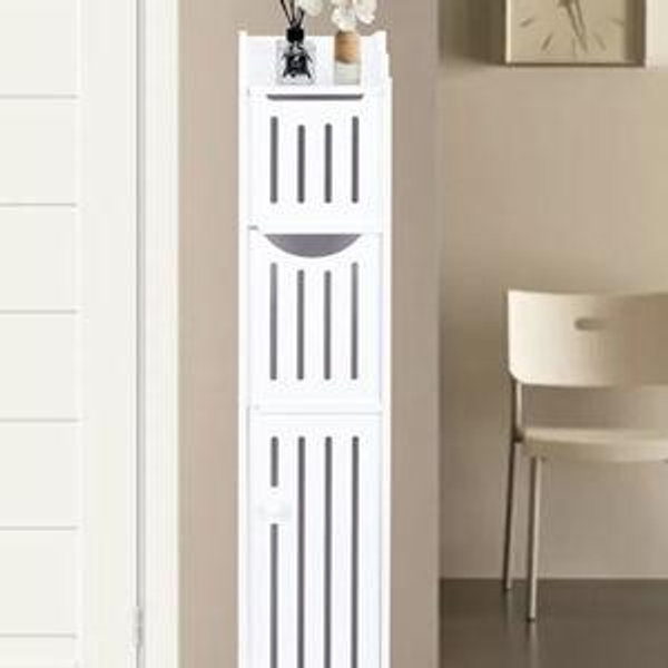 ShellKingdom Toilet Paper Holder Stand, Bathroom Storage Cabinet with Doors and Shelves, Slim Storage Cabinet for Bathroom Small Spaces Corner Shelf Organizer - White