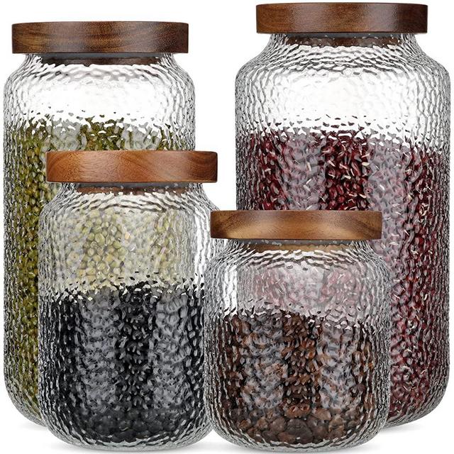 8 Pcs Glass Storage Jar with Airtight Wood Lid Anti Slip Food Storage Container Kitchen Glass Canisters Stackable Candy Coffee Jar for Coffee Bean Snack Sugar Cookie, 17 oz, 24 oz, 34 oz, 51 oz