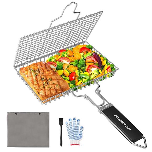 ACMETOP Portable BBQ Grill Basket Stainless Steel Fish Grill Basket with Removable Handle, Grilling Accessories for Outdoor Grill Vegetables Fishes Shrimp, Bonus Gloves, Sauce Brush & Carrying Pouch