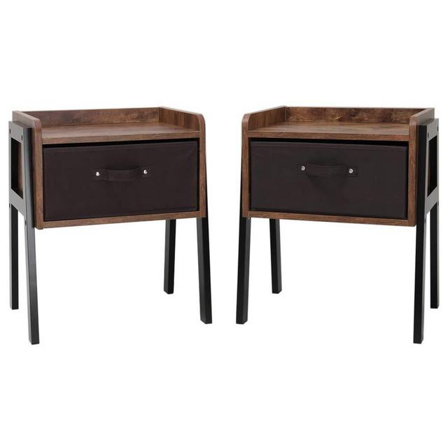 IWELL Rustic Nightstand Set of 2, Wooden Small Side Table with 1 Removable Fabric Drawer for Small Spaces, End Table for Bedroom & Living Room, Solid Wood Legs BZX006F2