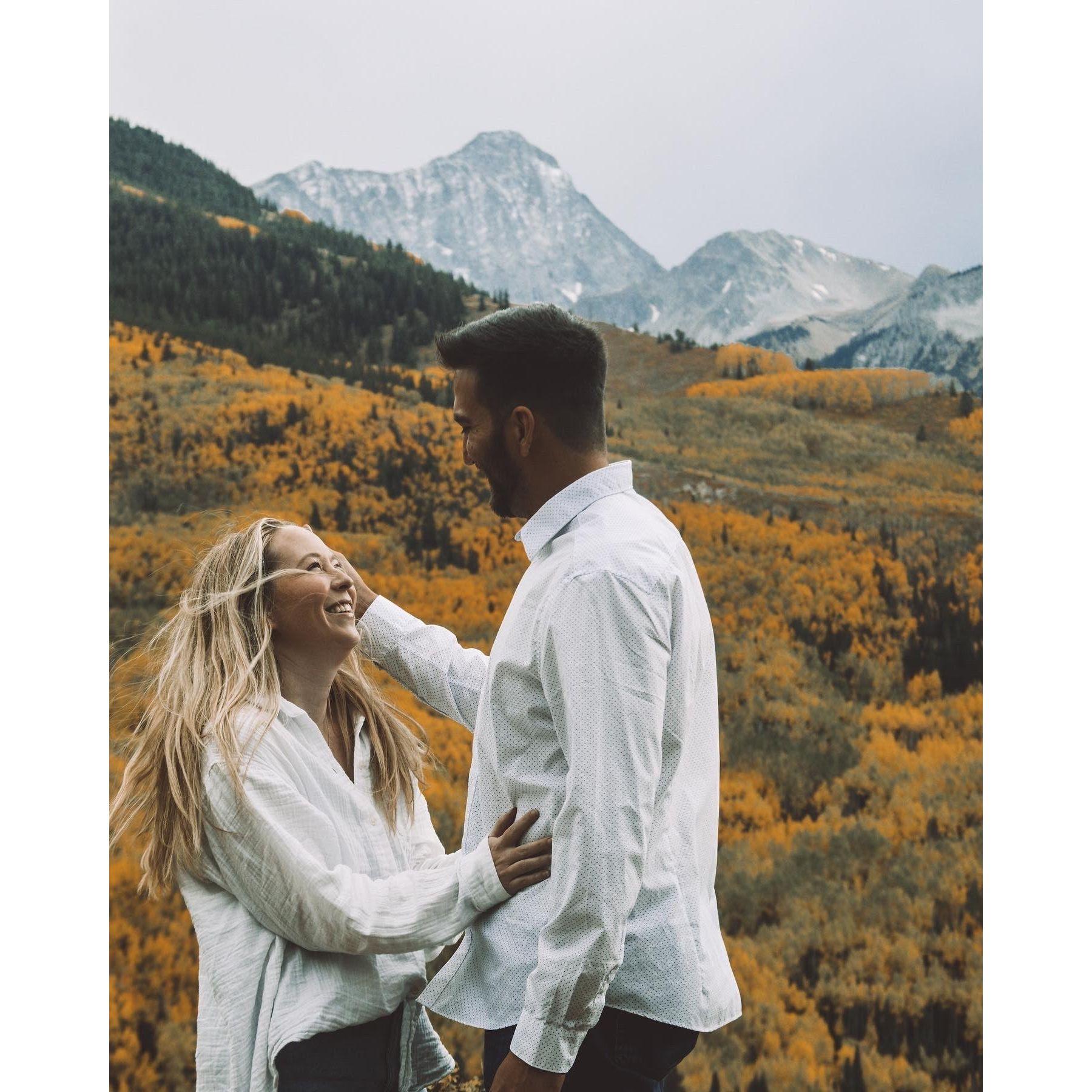 October 2023 - We practiced for our engagement session in our favorite spot in Aspen overlooking Capitol Peak!