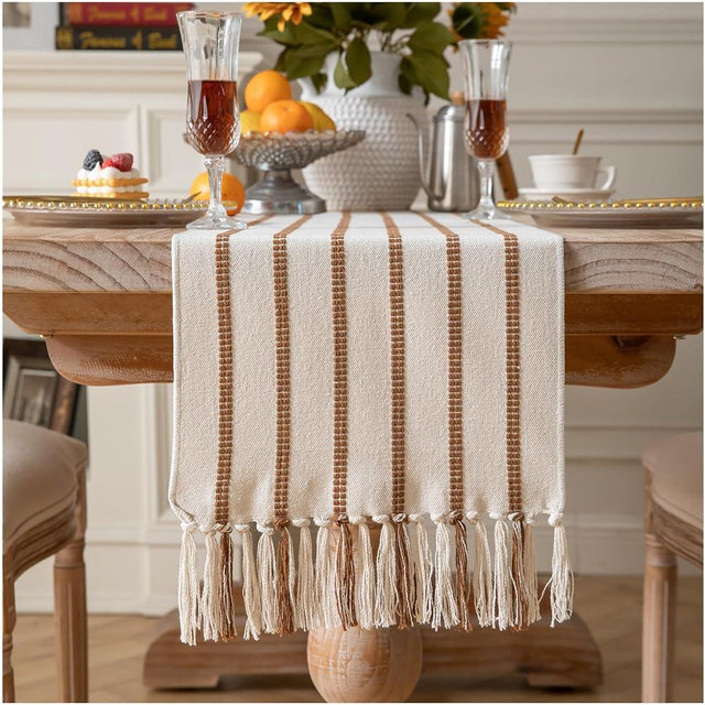 Caflife Boho Table Runner 90 Inchs Long Brown and Beige, Cotton and Linen Woven with Tassels, for Modern Rustic Farmhouse Neutral Table Runners, Bohemian Kitchen Dining Table Home Decor