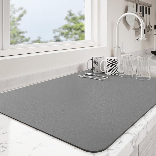 Ecotrim - Dish Drying Mat for Kitchen Counter | Coffee Bar Mat for Countertops | Heat Resistant Drainer Mat with Non-slip Rubber Backed | Hide Stain Kitchen Absorbent Draining Mat | Dark Grey 16"x18"