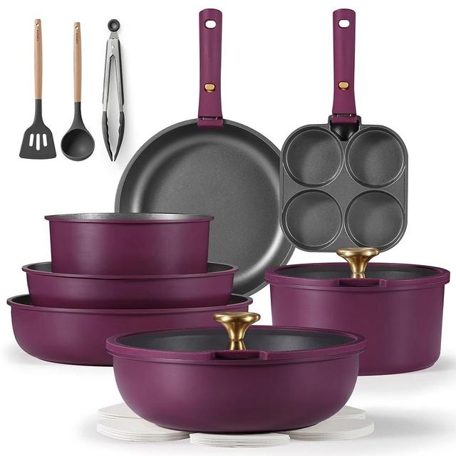 CAROTE 19pcs Pots and Pans Set, Nonstick Cookware Set Detachable Handle, Induction Kitchen Cookware Sets Non Stick with Removable Handle, RV Cookware Set, Gold and Purple