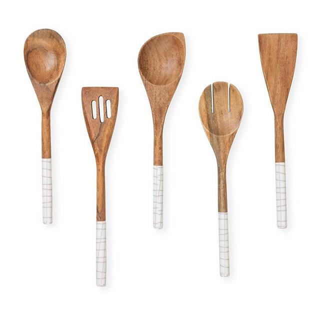 Folkulture Wooden Spoons for Cooking or Kitchen Utensil Set, Non Stick Cookware with Wooden Spoon, Wooden Spatula, Fork, Slotted Turner, Corner Spoon, Set of 5, 12 Inch, Acacia Wood, White Check