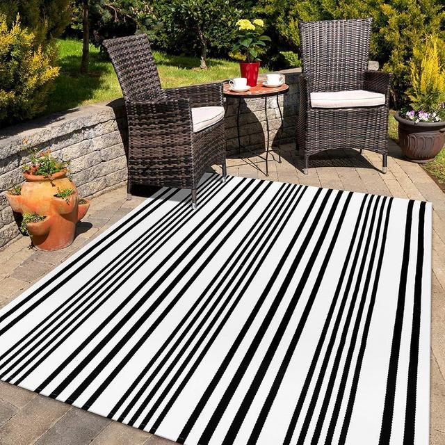 Collive Black and White Outdoor Rug 5'x8',Washable Reversible Striped Large Outdoor Rug,Farmhouse Patio Rug,Cotton Woven Indoor Outdoor Area Rug Floor Carpet for Backyard,Living Room,Bedroom