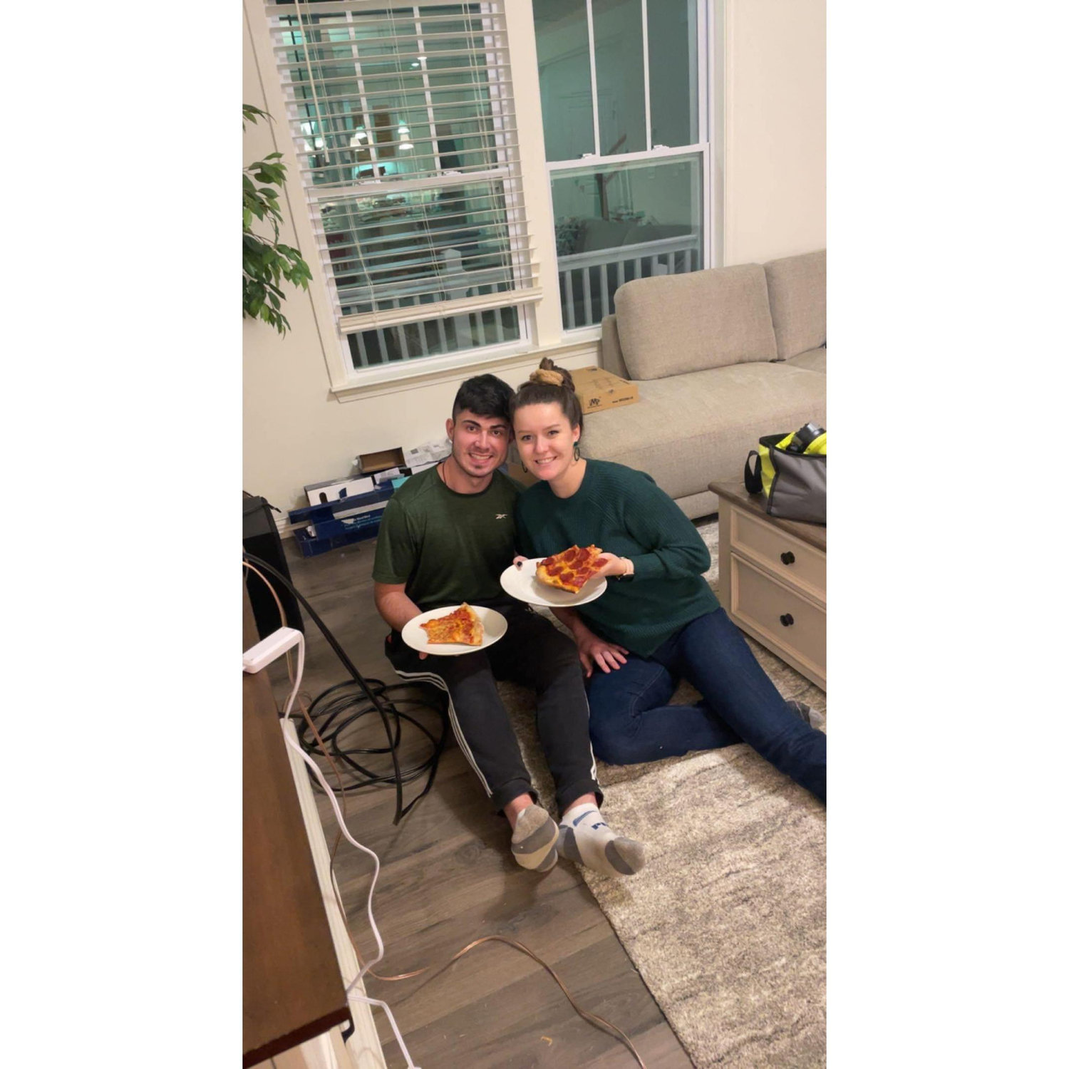 Moving into our home calls for pizza on the floor (we hadn't set up the kitchen table lol)
