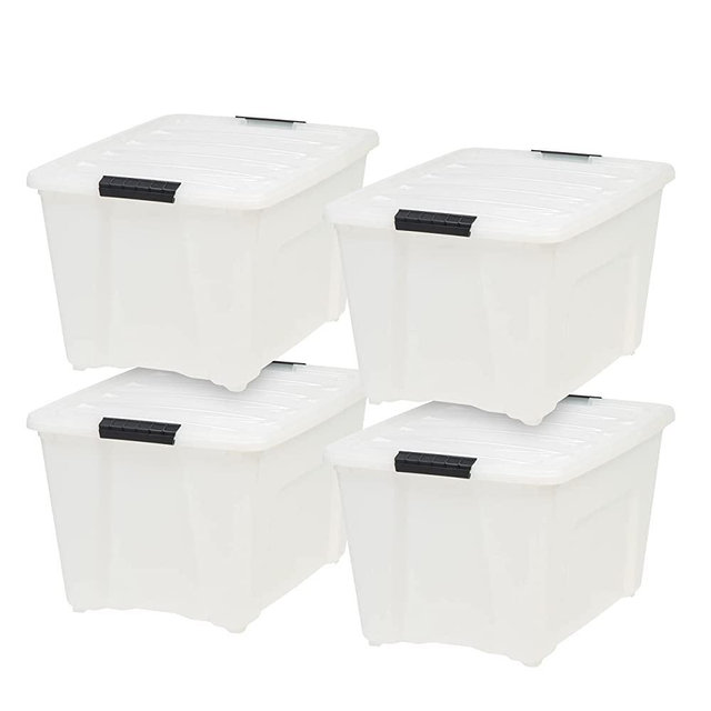 IRIS USA 53 Qt. Plastic Storage Tote, 4 Pack, Pearl, Bin Organizing Container with Durable Lid and Secure Latching Buckles, Pearl & Black