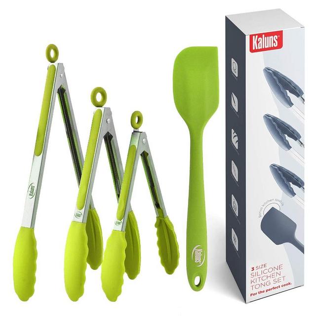 Kaluns Kitchen Tongs for Cooking, Non Stick Silicone Tip Stainless Steel Tongs, Set of Four 7,9, and 12 Inch Tong Plus Silicone Spatula Non-stick, Heat Resistant Serving Utensils