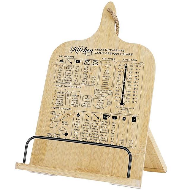 Bamboo Cookbook Stand for Kitchen Counters, Adjustable Recipe Book Holder with Measurement Conversion Chart, Foldable Cookbook Holder Cutting Board, Ipad Cook Book Stand for Kitchen