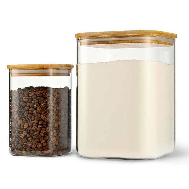 D2scrma 122oz 41oz Airtight Glass Square Storage Canister with Bamboo Lid Set of 2(3600ml*1 1200ml*1) Large Storage Container Gallon Glass Jars, for Sugar, Flour, and Coffee bean (with Black Lable)