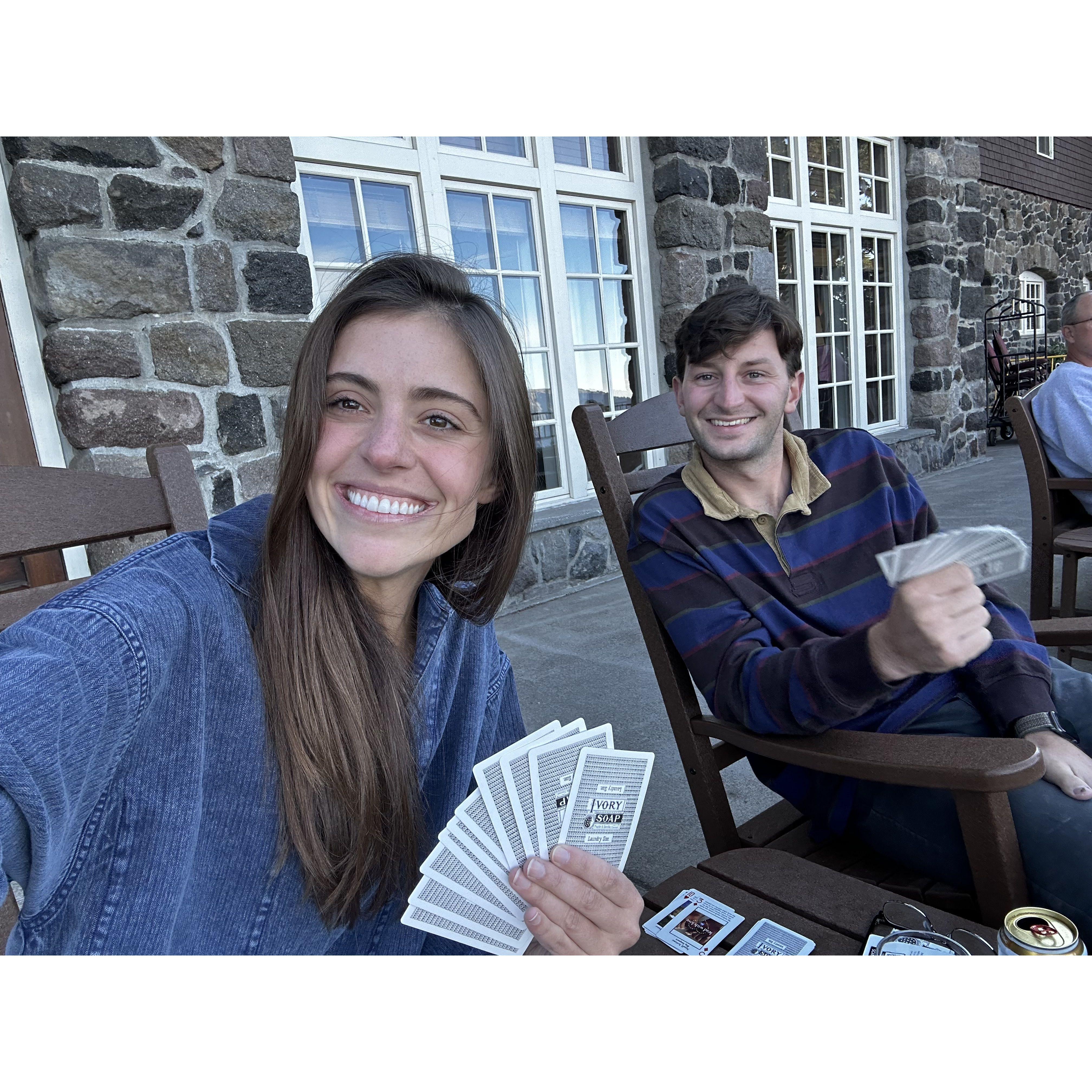 Playing our favorite game, Gin Rummy, at Crater Lake! We keep an "all time" score, Naomi is winning by over 3,000 points