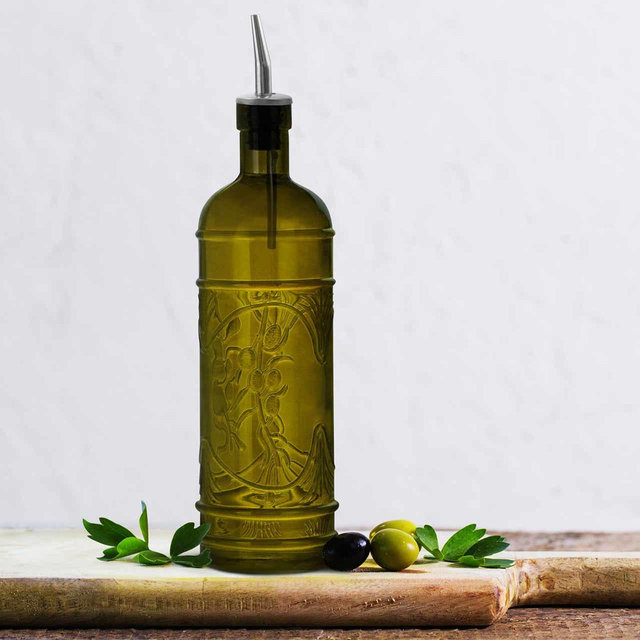 11" Olive Branch Recycled Glass Oil or Vinegar Bottle with Stainless Steel Pour Spout 2 – A Stylish Kitchen Decor Piece and Gift for Her