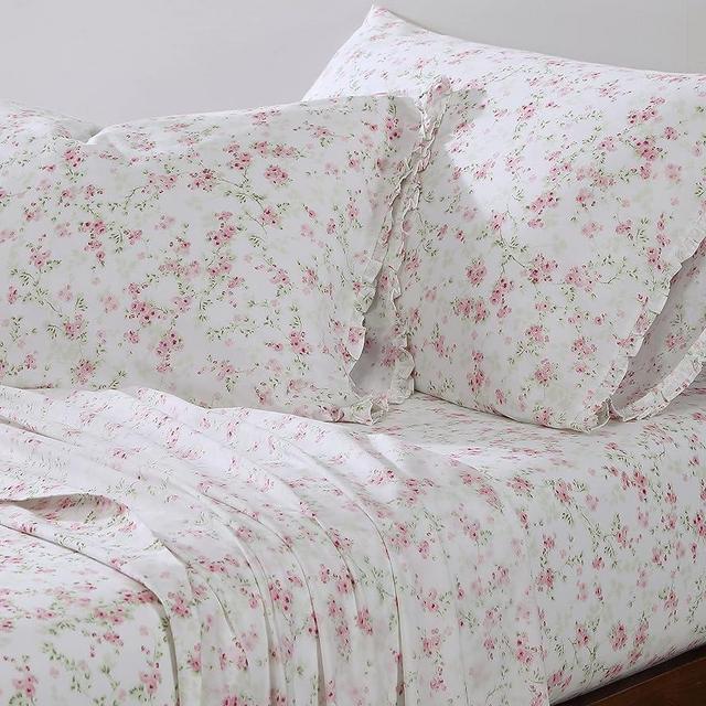 Shabby Chic® - King Sheets, Soft & Breathable Organic Cotton Bedding Set, Floral Home Decor with Ruffled Pillowcases (Ella Pink, King)