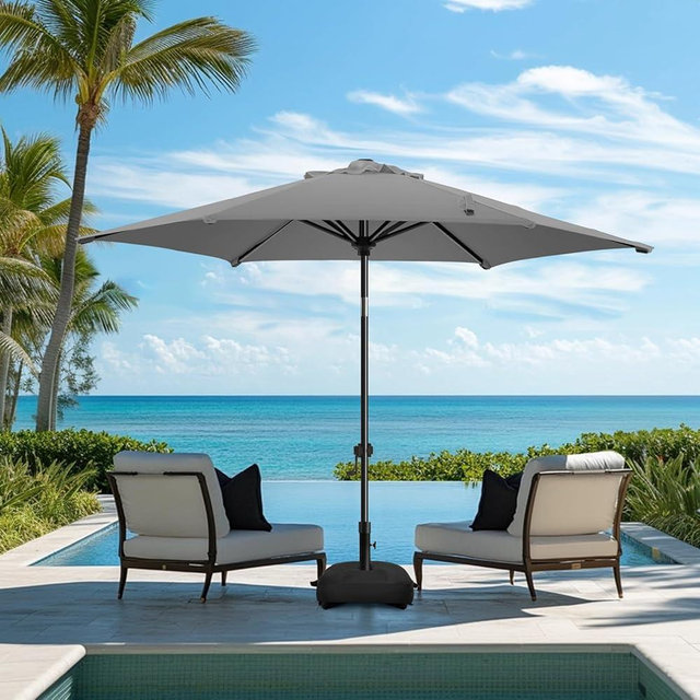 wikiwiki 7.5FT Patio Umbrella with Base, Outdoor Umbrellas with Base Included, 6 Sturdy Ribs, Waterproof Fade Resistant POLYESTER DTY Canopy for Deck, Lawn, Garden, Backyard & Pool, Dark Gray