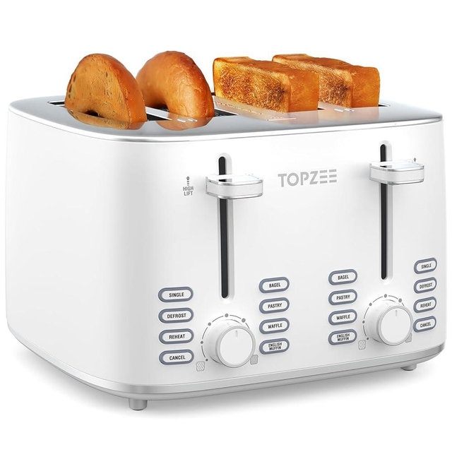 Topzee Toaster 4 Slice, Wide Slot for Toasting Bagel Muffin Waffle Gluten Free Breads, 7 Shade Settings, Defrost & Reheat,Dual Control Panel, Stainless Steel, Easy Clean, White