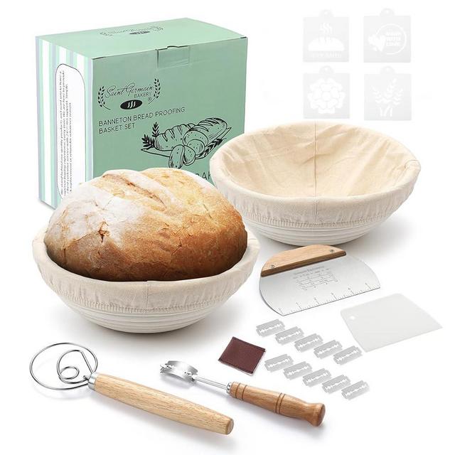 Saint Germain Bakery Premium Round Bread Banneton Basket with Liner - Perfect Brotform Proofing Basket for Making Beautiful Bread - Ultimate Bread Bundle (2x 9" Round Basket)