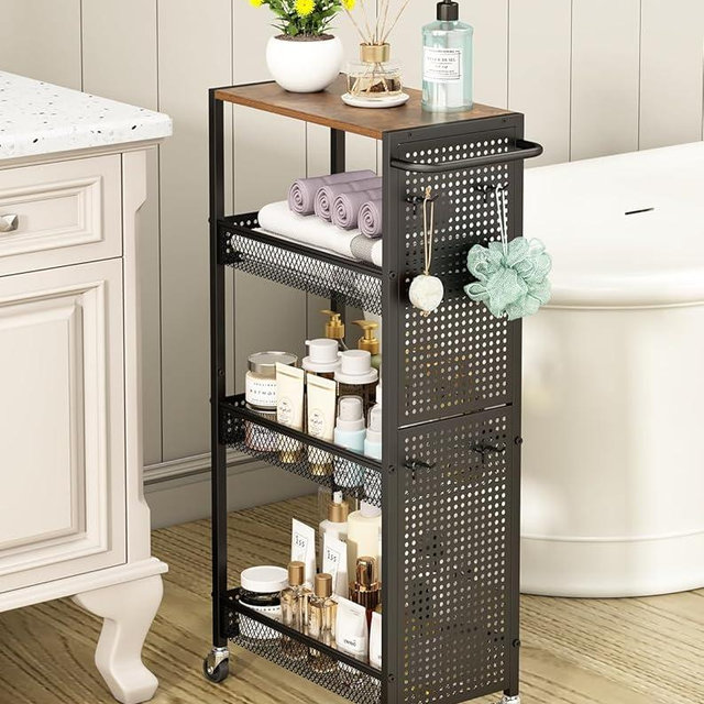 Utility Slim Storage Cart 4 Tier Small Rolling Kitchen Laundry Room Organization Cart with Wood Top Metal Narrow Laundry Room Shelves Cabinet Unit Laundry Organizer Trolley with Handle for Small space