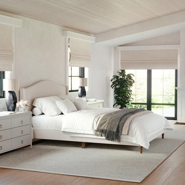 Martha Stewart Faux Linen Upholstered Queen Size Platform Bed with Curved Headboard in Beige
