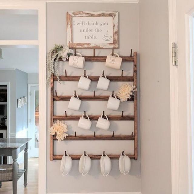 Wood Mug Rack for Wall, Mug Collection display, Kitchen Organizer, Kitchen Storage Solution, Housewarming gift, custom option, teacup